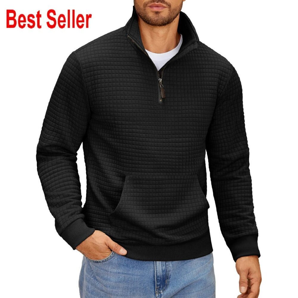 Quarter Zip Waffle Pullover Hoodie Casual Classic Minimal Long Sleeve